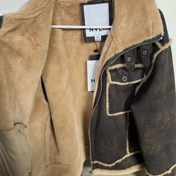 🌟NWT🌟NVLT Shearling Biker Jacket Brown - Picture 6 of 9